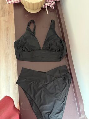 Aerie Deep Plunge, High-Waist Crossover Bikini Set - Women Swim - Black